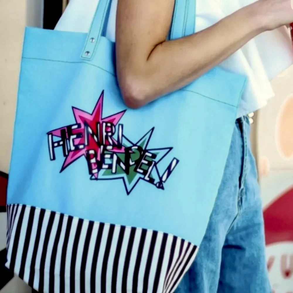 Henri Bendel Blue Canvas Tote with iconic stripped bottom - Picture 3 of 4